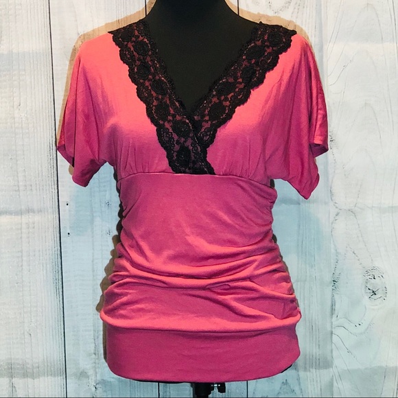 Tempted Tops - Tempted Pink and Black Lace Shirt.            046